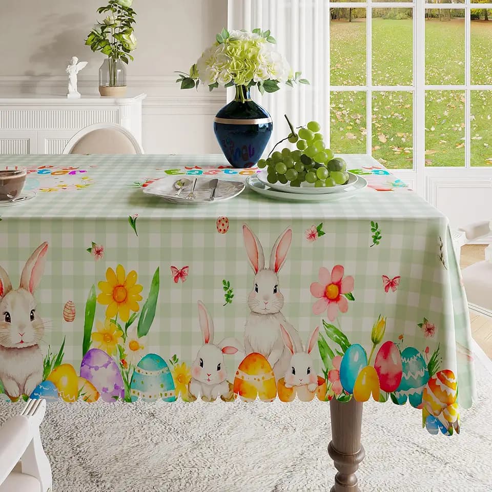 Easter Tablecloth 60x120 Inch Rectangular, Spring Tablecloth, Plaid Bunny Egg Washable Polyester Table Cloth, Fabric Table Cover for Party Picnic Dinner Decor,Easter E