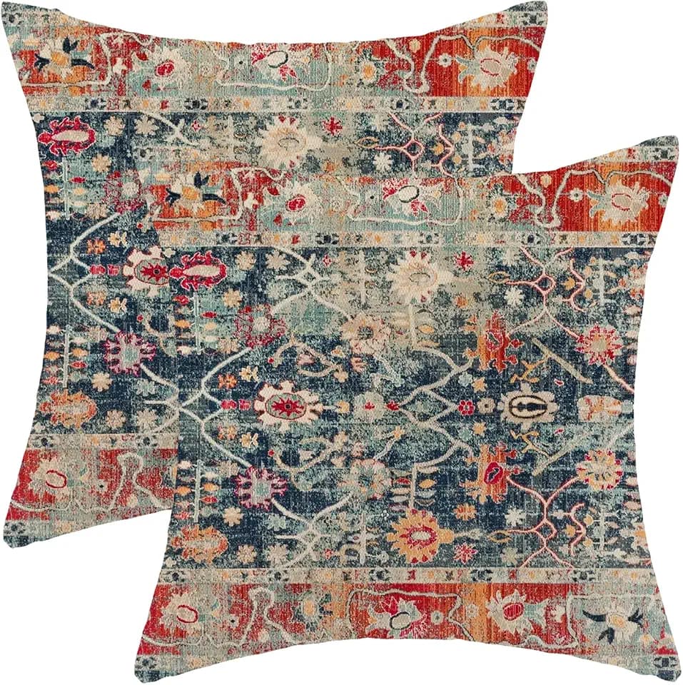 Boho Pillow Covers 20x20 Inch Set of 2,Navy Blue Burnt Orange Ethnic Design Throw Pillows Case,Carpet Pattern Outdoor Decorative Square Linen Farmhouse Decor Cushion Covers for Home Sofa Bed Couch
