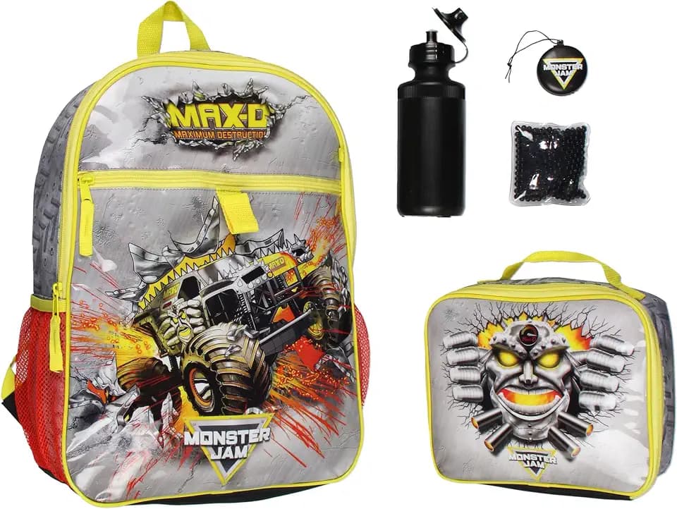 INTIMO Monster Jam MAX-D Monster Truck 5 PC Backpack Lunch Box Water Bottle Icepack Charm 16"