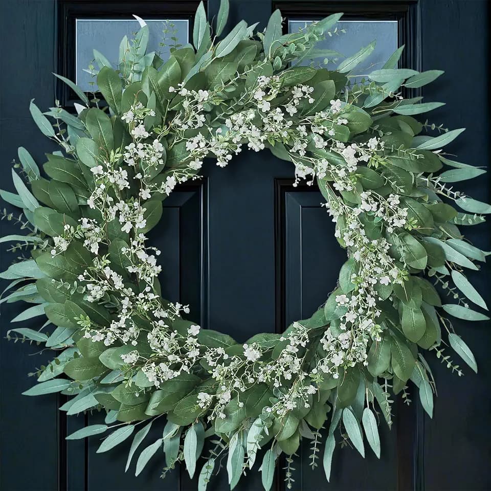 32" Large Artificial Eucalyptus & Flower Wreath for Front Door(Green-White)