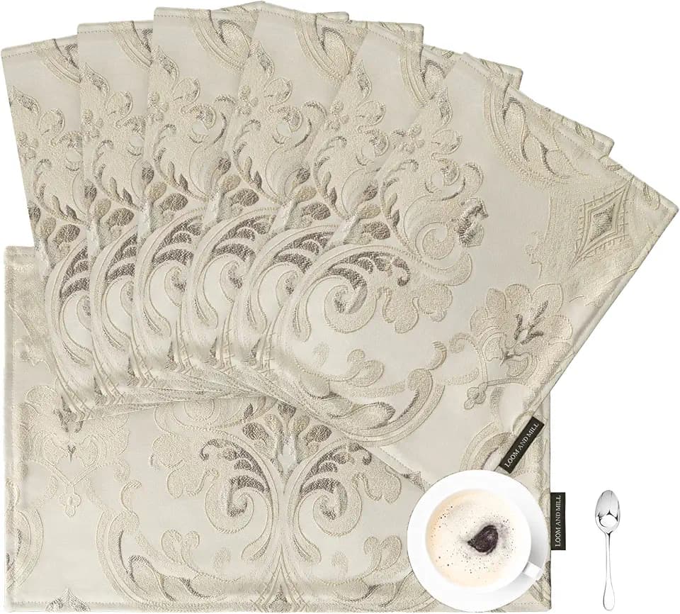 Loom and Mill Luxury Damask Floral Placemats Set of 6, Light Apricot