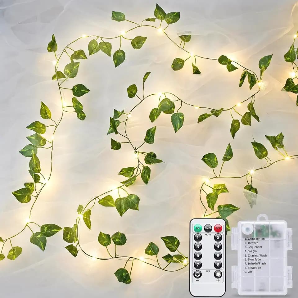JMEXSUSS 33Ft Vines with Lights Battery Operated, 100 LED, Pothos