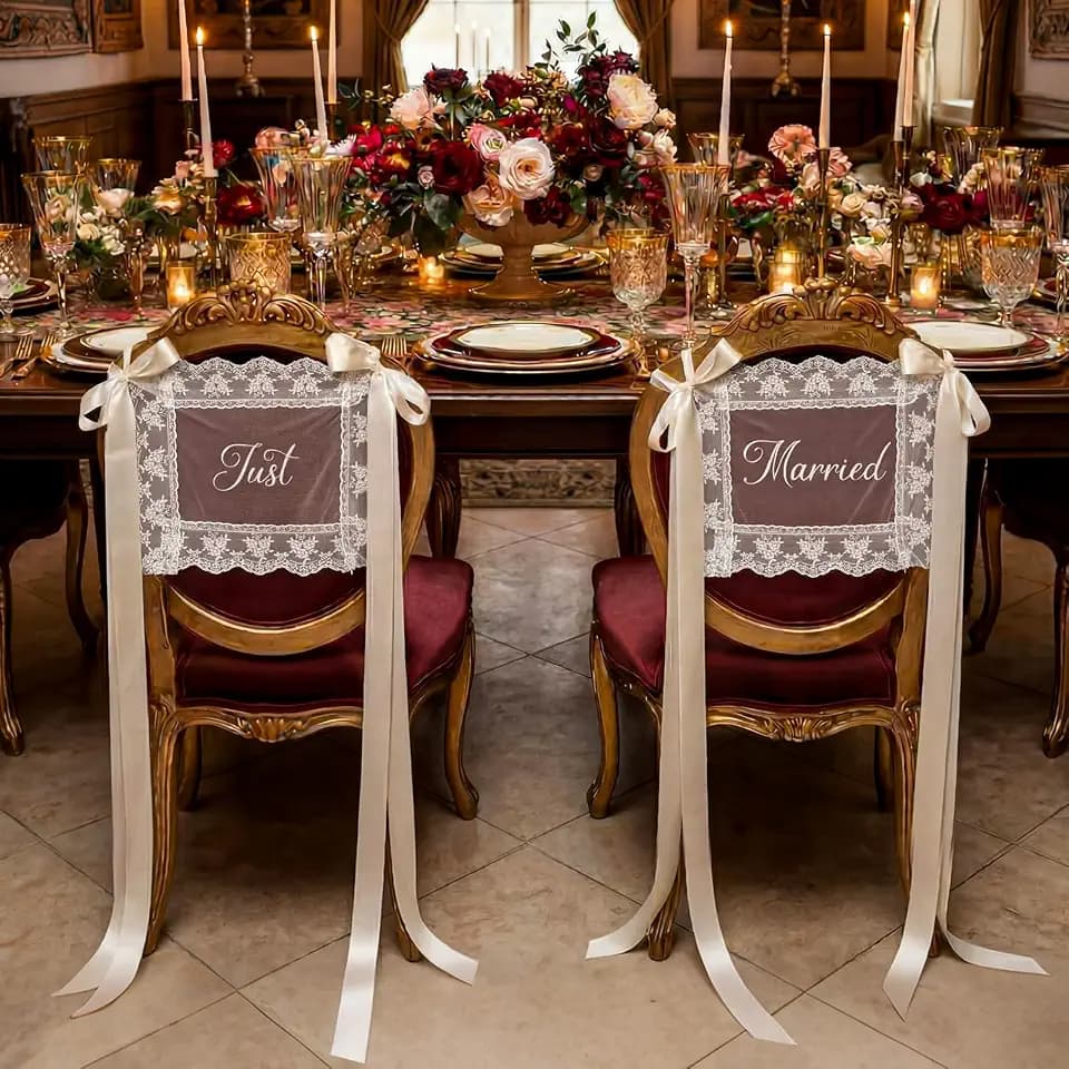 Breling 2 Pcs Lace Wedding Chair Sign Back Banner, White, Just Married