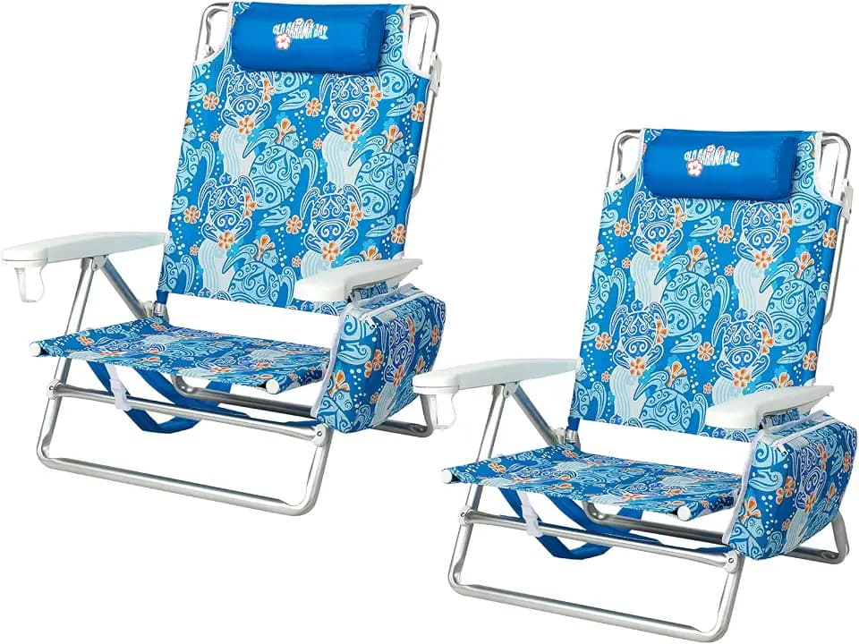 Old Bahama Bay Backpack Beach Chair 2 Pack, Aluminum Lightweight Reclining 5-Position Lounge Chair for Adults Heavy Duty Support 400 LBS Portable Folding with Cooler Bag Camping Chair for Sand Outdoor