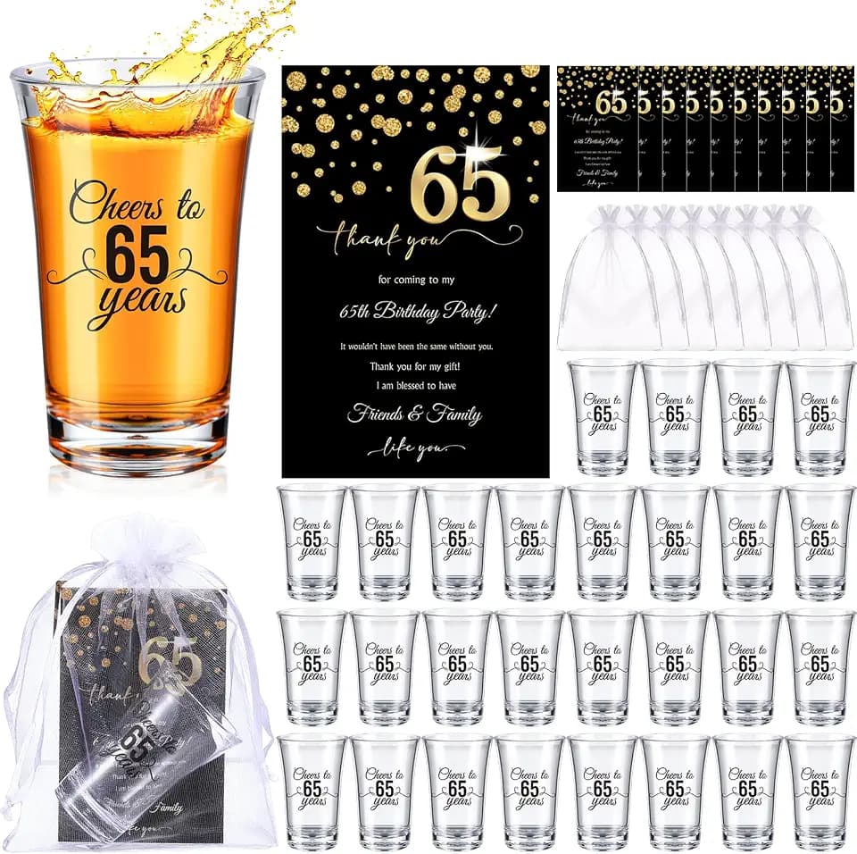 FillTouch 50 Sets Birthday Party Favors for Guests Bulk, 1.4 oz Cheers to 40/45/50/55/60/65 Years Plastic Personalized Glasses Cups with Thank You Cards Gift Bag for Birthday Wedding (Black 65 Years)