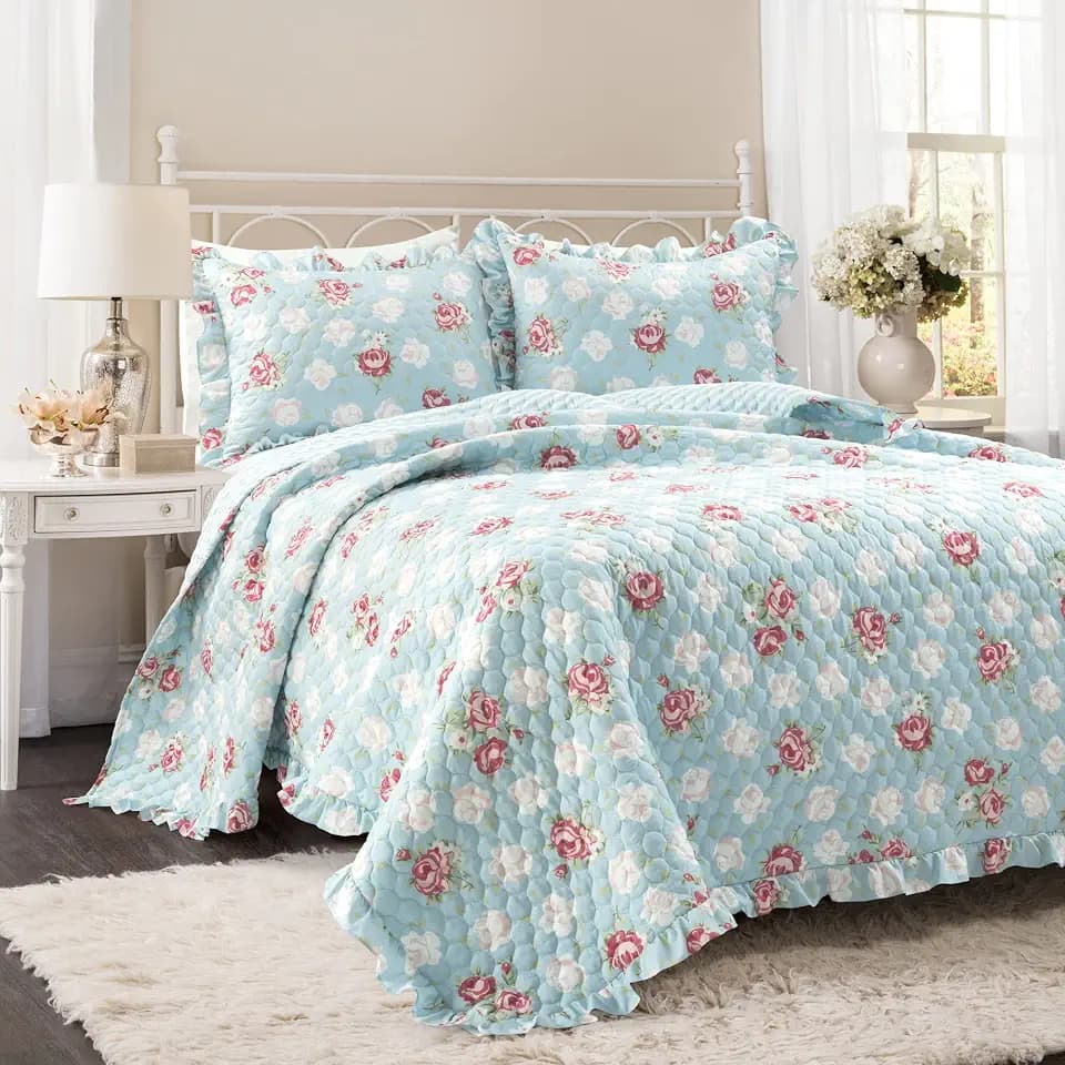 Lush Decor Cottage Core Floral Ruffle Reversible Oversized 3 Piece Quilt Set, King/Cal King, Blue & Blush