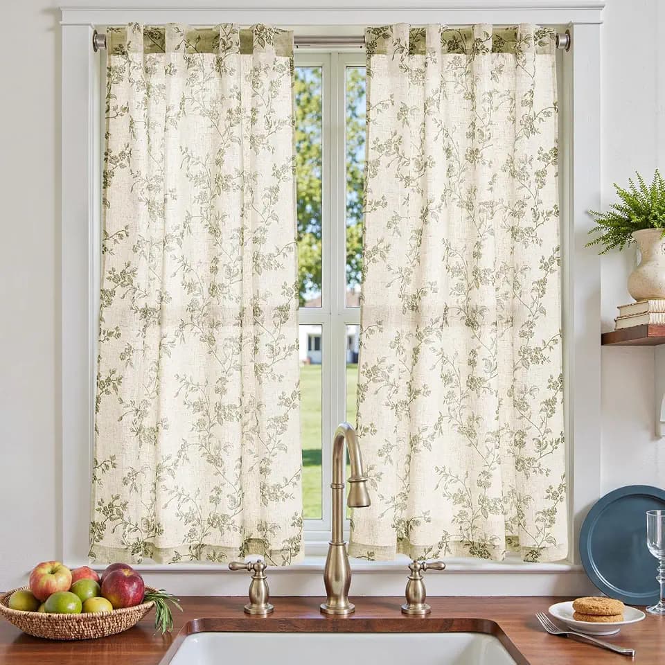 jinchan Floral Linen Kitchen Tier Curtains, 54 Inch, 2 Panels, Green