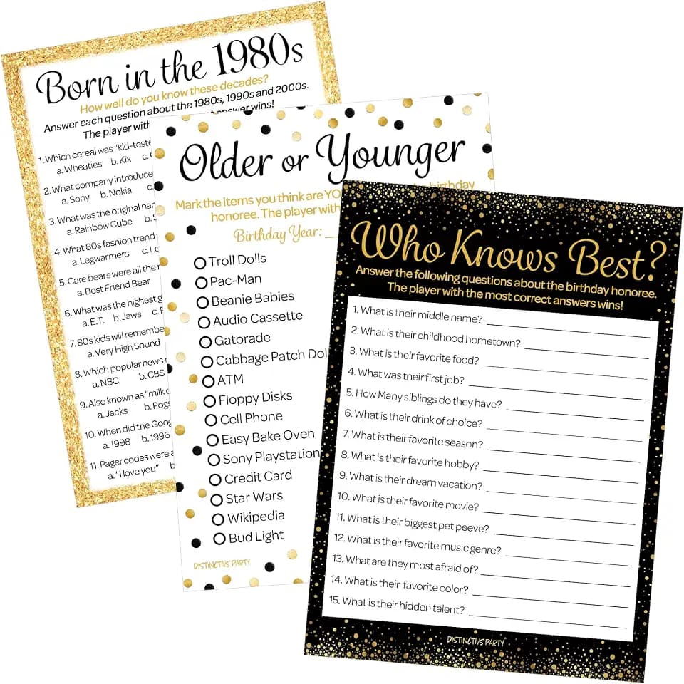 Black and Gold 40th Birthday Games Set, Born in the 1980s, 20 Guests