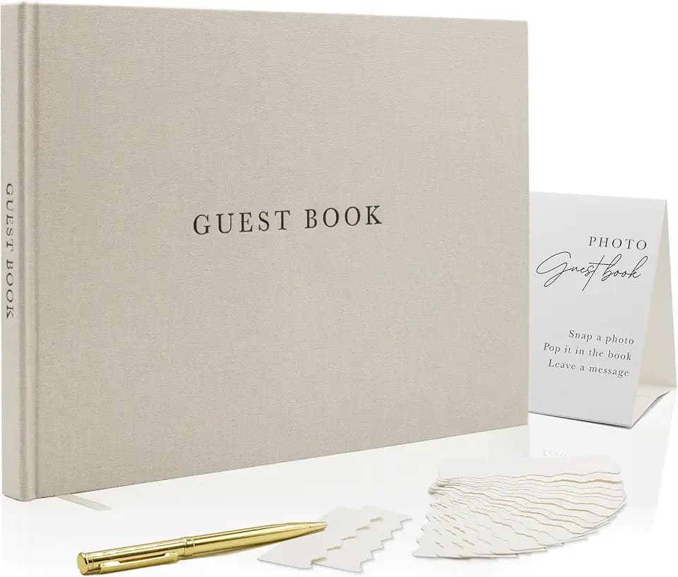 Real Linen Guest Book Set - 11.5 x 8.5 Embossed Guestbook for Weddings, Showers, Events, Blank & Lined, Comes with Sign, Pen, Box and Photo Sleeves, 120 Pages (Beige)
