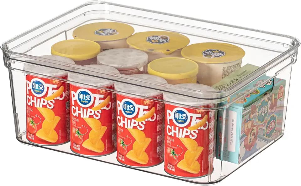 Basicwise Clear Storage Container with Lid For Kitchen Pantry Cabinet & Fridge Storage For Organizing Snacks Produce Supplies Or Essentials Durable Bin For Home Dorm Apartment Or Office Use, Medium