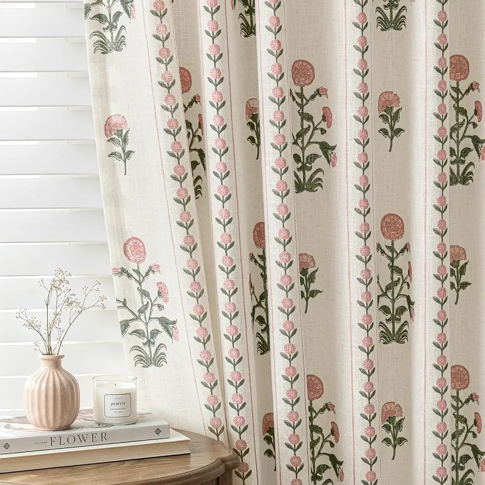 Flower Pinch Pleated Linen Curtains,Pink & Beige White,40" W x 96" L