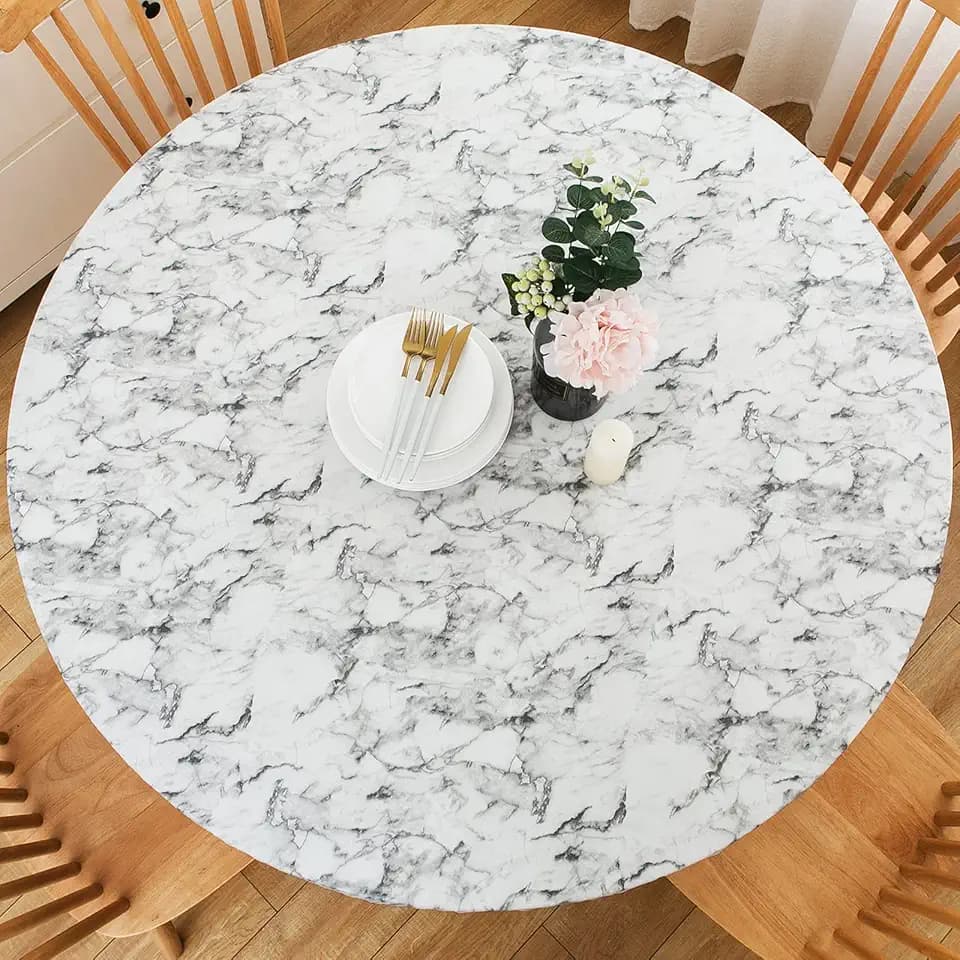 LIBERECOO Round Vinyl Fitted Tablecloth with Flannel Backing Elastic Edge Table Cover Waterproof Stain-Resistant Wipeable Tablecloths Fits 57-65" Round Tables