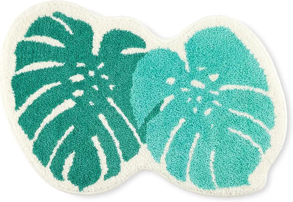 in The Tropics Monstera Leaves Shaped Bath Mat, Absorbent Tufted Floor Mat, Non-Slip Backing, Machine Washable, Green, 20.4"x30.9"