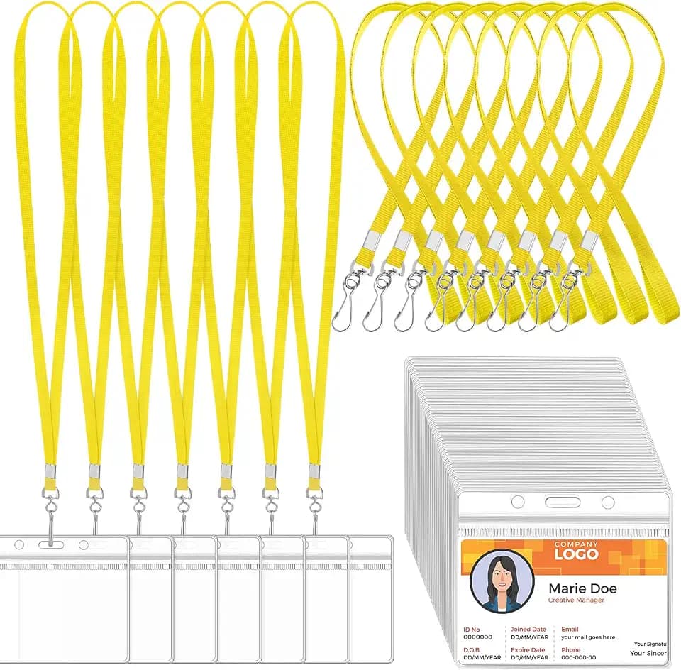 Honoson 50 Sets Name Tag Lanyards Bulk, Plastic Badge Holders, Yellow