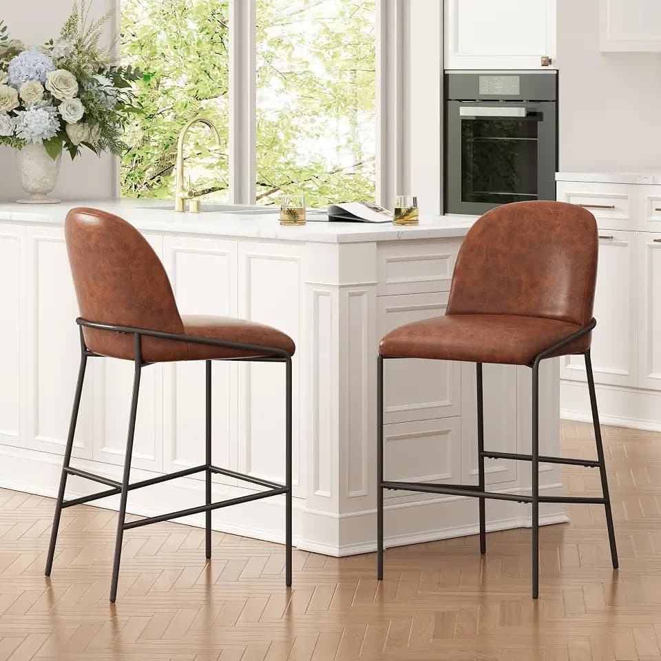 Christopher Knight Home Annie Indoor Upholstered Barstool Set of 2 with Metal Frame, Bar Chairs with Antique Bronze Finish, Comfy Faux Leather Counter Height Stool for Island Kitchen, Brown