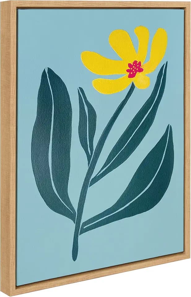 Kate and Laurel Sylvie Yellow Flower Framed Canvas Wall Art by Emma Daisy; 18x24 Natural; Beautiful Simple Botanical Wall Decor