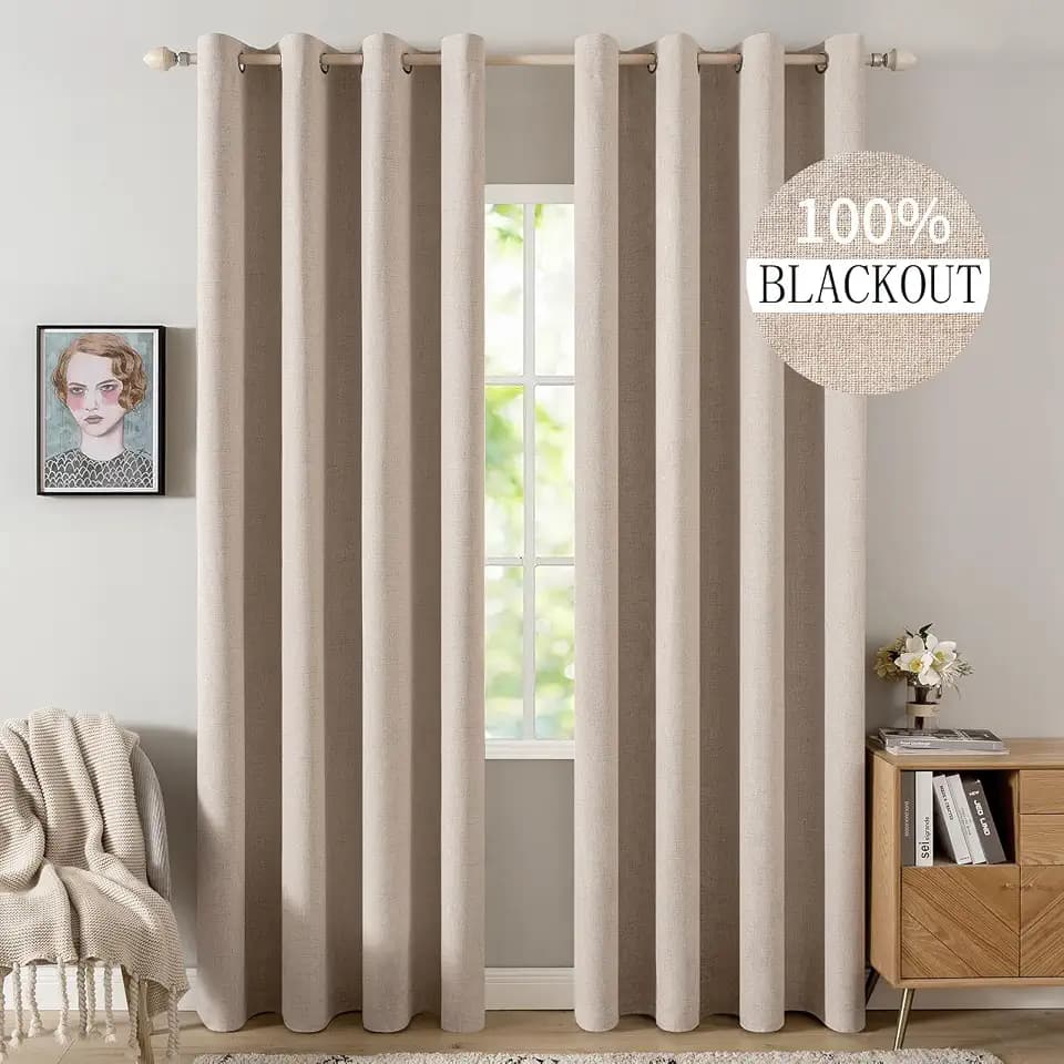 MIULEE 100% Blackout Linen Curtains for Bedroom 52x72 Inches Natural Beige