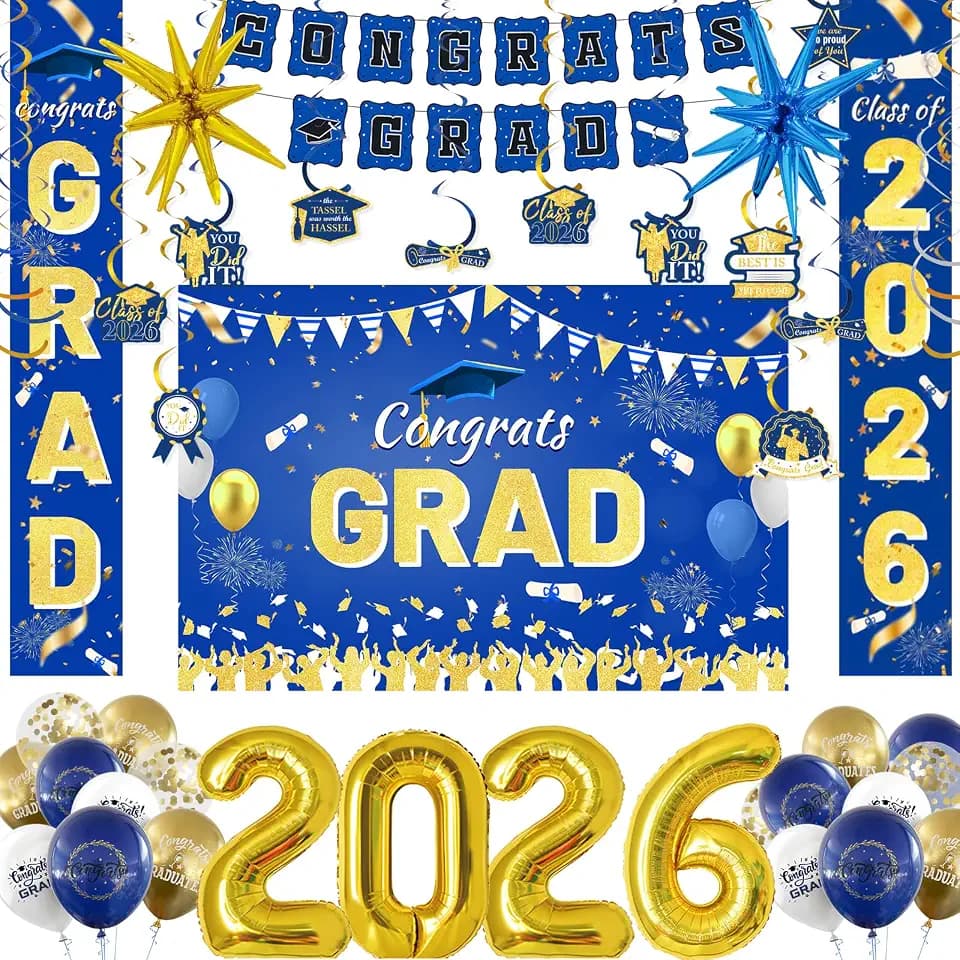 Graduation Decorations Class of 2026 - Blue and Gold Grad Graduation Party Supplies with Dark Blue and Gold White Balloons, Banner, Backdrop , Hanging Swirl Kit, Porch Sign, Foil Balloons 2026
