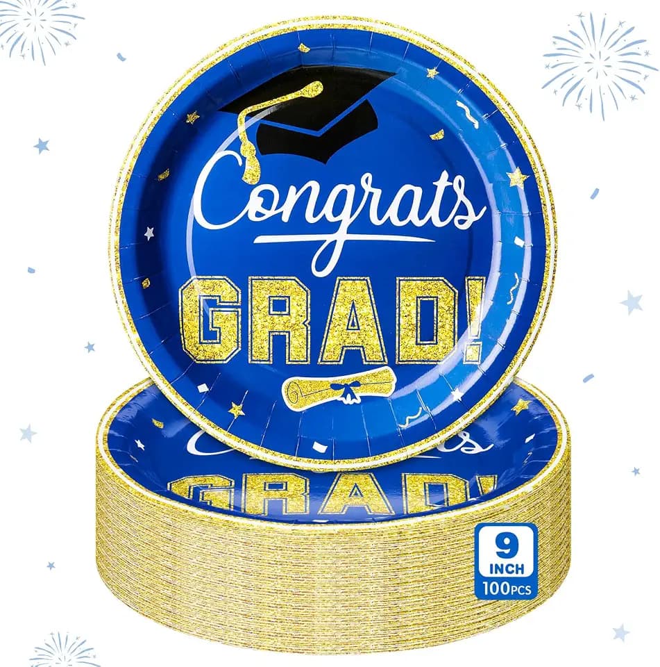 Sabary Blue Gold 100 Pcs 2026 Graduation Paper Dessert Plates Bulk 9 Inch Graduation Party Supplies Plates Class of 2026 Decorations Congrats Grad Plate Disposable Tableware (Classic)