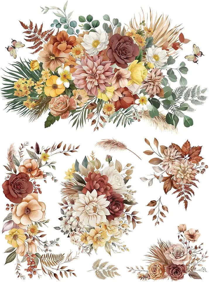 Joeyan Boho Flower Bouquets Rub On Transfers for Furniture and Crafts