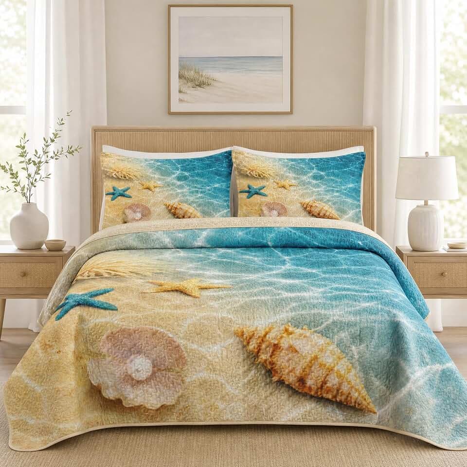 Pamnest Queen Quilt Set, 3 Pieces Summer Beach Bedding, Bedspread
