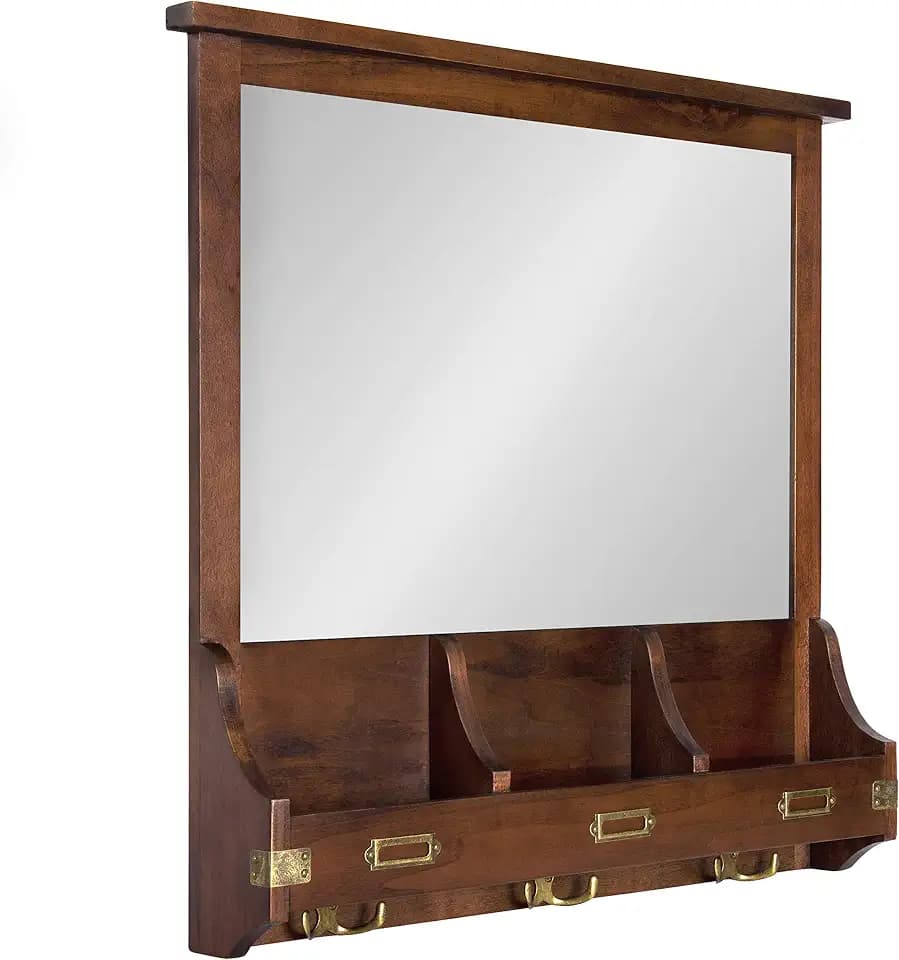 Kate and Laurel Stallard Decorative Wood Home Wall Organizer Mirror with Pockets and Key Hooks, Walnut Brown
