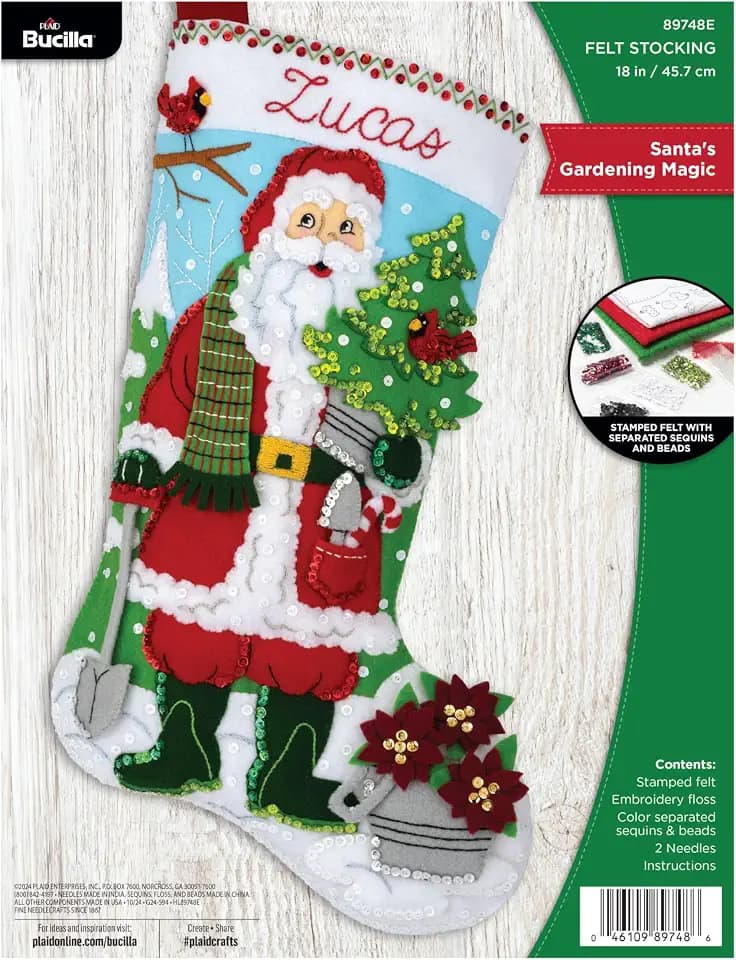 Bucilla Felt Applique 18" Stocking Making Kit, Santa's Gardening Magic, Perfect for DIY Arts and Crafts