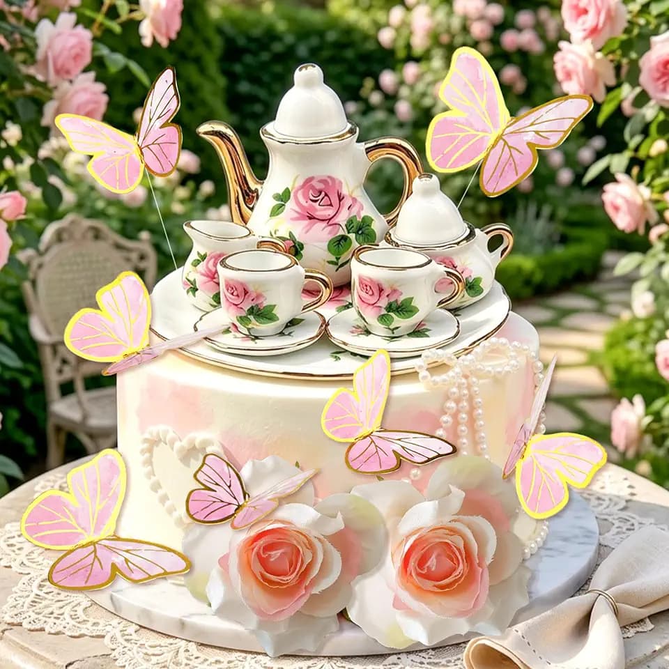 Tea Party Cake Toppers Floral Butterfly Teapot Teacup Wedding Shower Decor