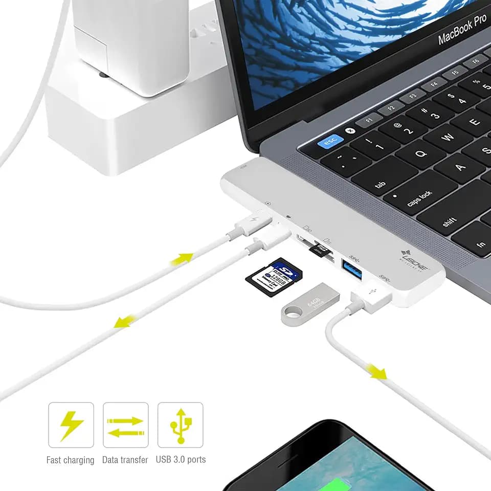 LEICKE USB C HUB 7 in 1 | 4K HDMI, 2X USB 3.0, SD Slot, Micro SD Slot, 2X USB C Slot | Thunderbolt 3 | Für MacBook Pro 2017 | Silber