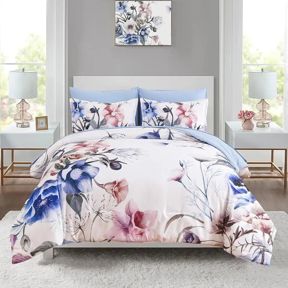 Luxudecor Floral Comforter Set Twin Size 5 Piece, Blue Flower Bed in a Bag, Elegant Floral Comforter with Sheet Set, Soft Microfiber Bedding Set for All Season (Blue, 68"x86")