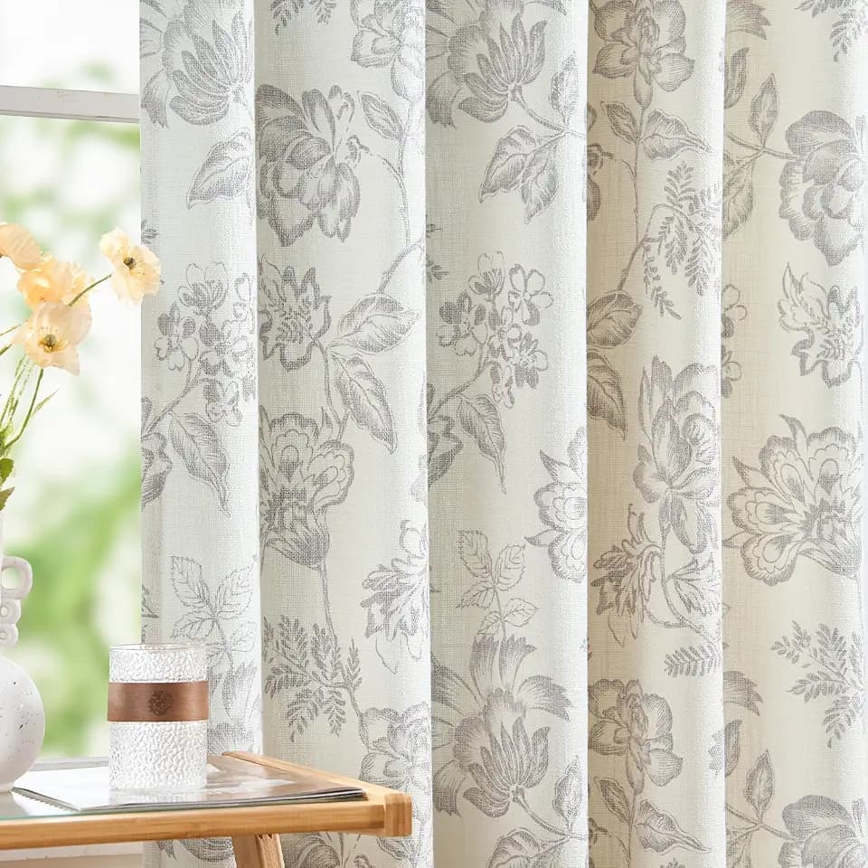 jinchan Floral Curtains Burlap Look Curtain 84 Inch Long Faux Linen Taupe Flower Patterned Drapes for Living Room Light Filtering Farmhouse Curtain Rod Pocket Window Curtains for Bedroom 2 Panels