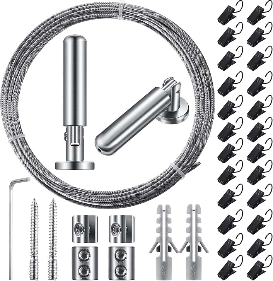 Jetec 196 Inch/ 5 m Wire Curtain Rod Room Divider Hanging System, 1 Set