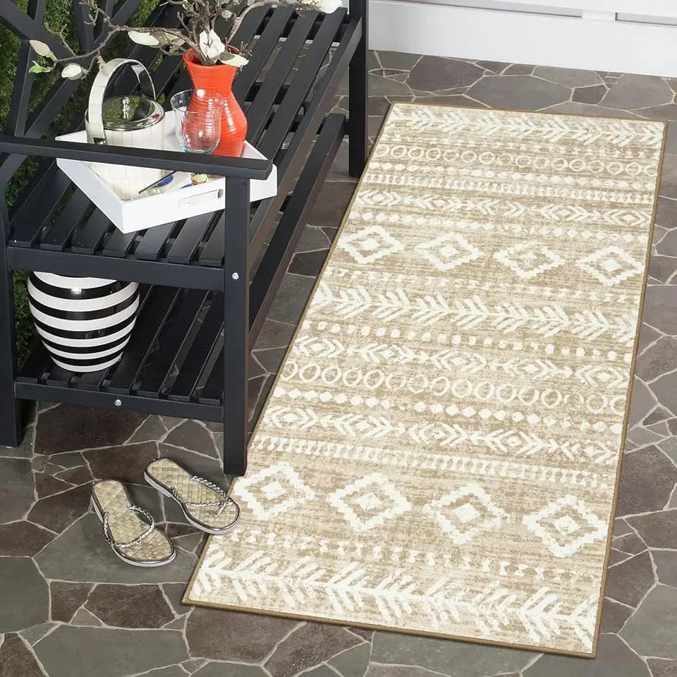 Lahome Boho Geometric Bathroom Runner Rug, 2x4 Low-Pile Tan Washable Rugs for Entryway Non-Slip Rubber Backing, Rustic Print Pattern Soft Throw Mat Indoor Door Mat for Bedroom Bathroom Varena