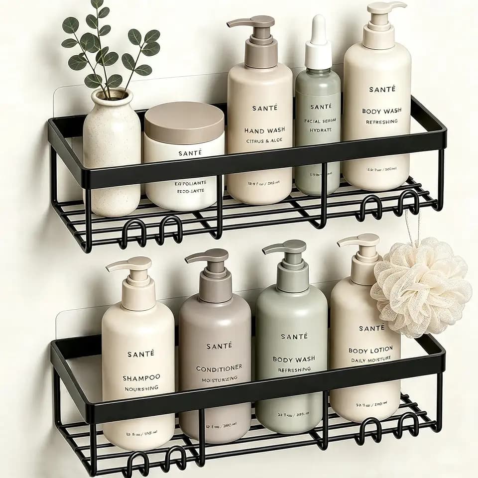 Moforoco Shower Caddy Shelf Organizer Rack, Self Adhesive Black Bathroom Shelves Basket, Home Farmhouse Wall Inside Organization and Storage Decor Rv Accessories, First Camper Apartment Essentials
