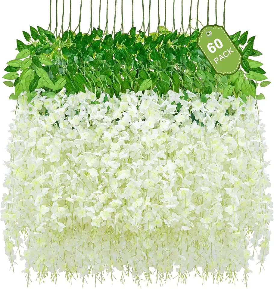 60 Pack White Wisteria Hanging Flowers, Fake Hanging Flowers for Decoration, Artificial Hanging Flowers, Vines for Bedroom, Flower Garland for Home, Party, Garden, Wall, Wedding Decoration(3.6 Ft/Pcs)