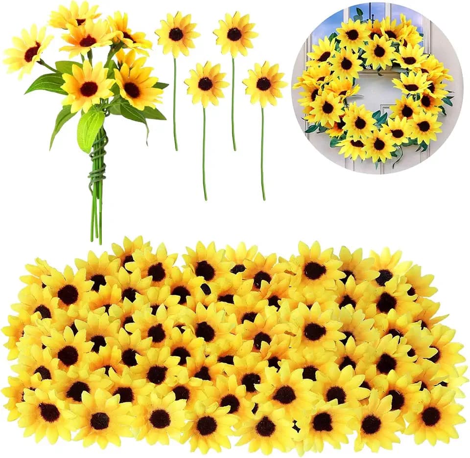 Wavwavw 50pcs Artificial Sunflower Heads with Stems, 1.5 in Fake Sunflower