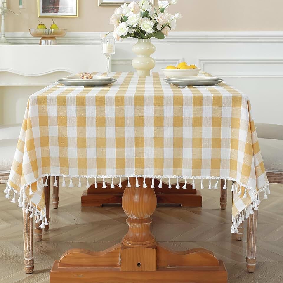 Laolitou Checkered Tablecloth Rectangle Washable Buffalo Plaid Picnic Table Cloth with Tassel Cotton Linen Gingham Table Cover for Dining Room, Yellow, Rectangle, 55''x70'', 4-6 Seats