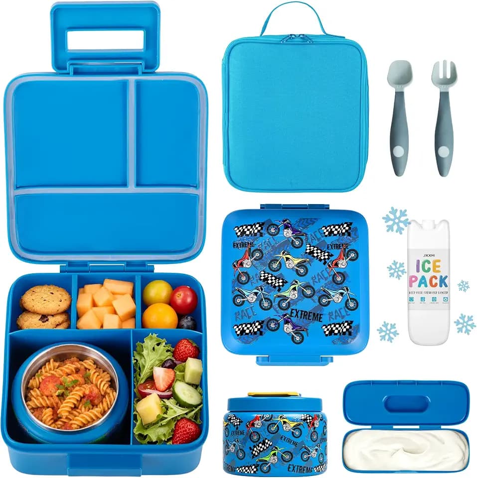 JXXM Bento Lunch Box for Kids With 8oz Soup thermo,Leak-proof Lunch Containers with 5 Compartment,thermo Food Jar and Lunch Bag, Food Containers for School (A-Blue(Extreme Locomotive))