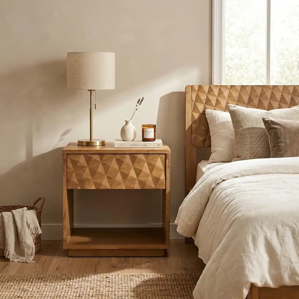 NTC Sapa Solid Wood Nightstand with 3D Carved Drawer Front – Modern Bedside Table with Open Shelf, Easy Assembled - Teak Look