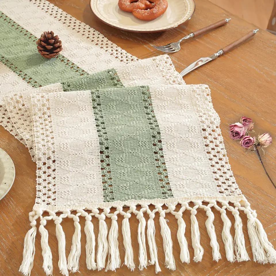 Niviy Sage Green Table Runner 72 Inches Long with Tassels, Seasonal Spring Summer Washable Embroidered Striped Braided Green and Beige Boho Table Runners for Holiday Party 12 x 72 Inches