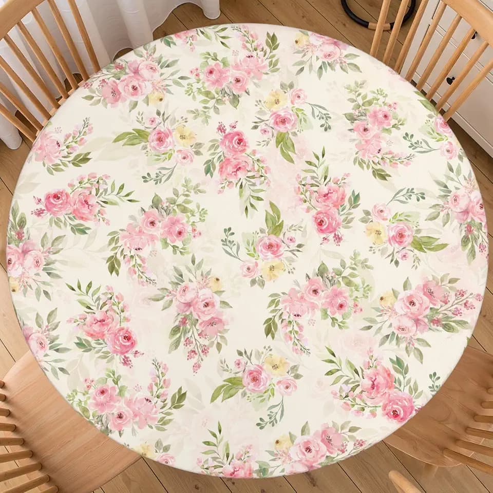Floral Boho Round Fitted Tablecloth Best for 40"-44" Bohemian Table Cloth Elastic Edge Water-Resistant Washable Pink Flower Table Cover for Party Picnic Camping Outdoor Indoor Decor