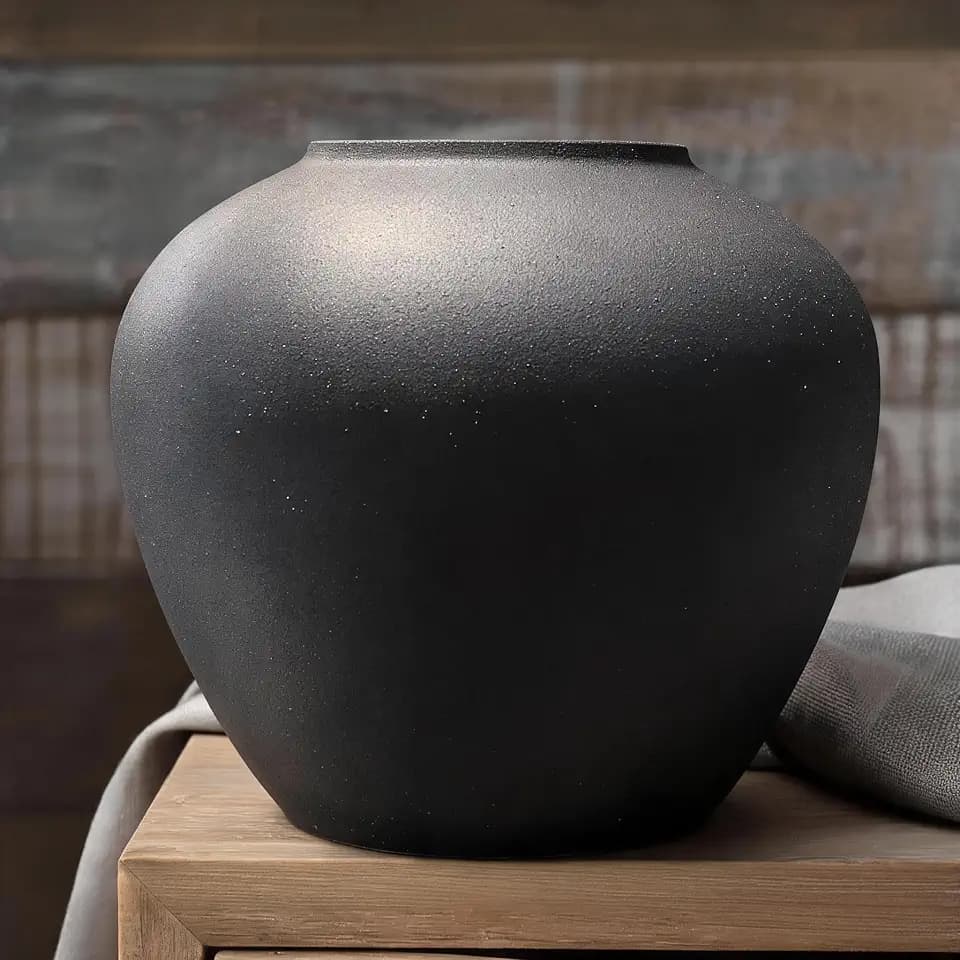 Black Ceramic Short Round Vase,Japandi Style Vase for Table Centerpieces