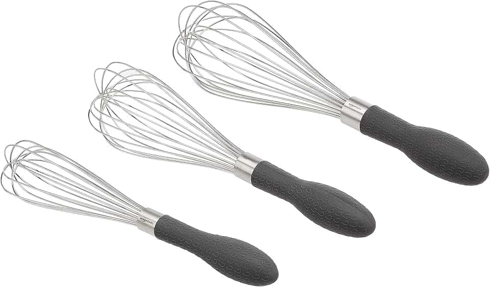 Amazon Basics Stainless Steel Wire Whisk Set for Cooking, Different Sizes, Easy to Hold Ergonomic Handle, 3 Piece, Black/Silver