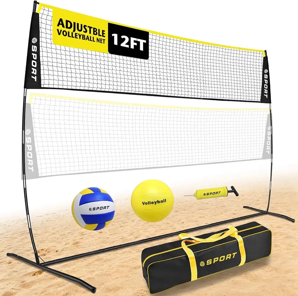12FT Portable Volleyball Training Net Equipment Set with 2 Volleyball,Pump and Carry Bag.Outdoor/Indoor Freestanding Volleyball Practice Net 3 Adjustable Height for Driveway