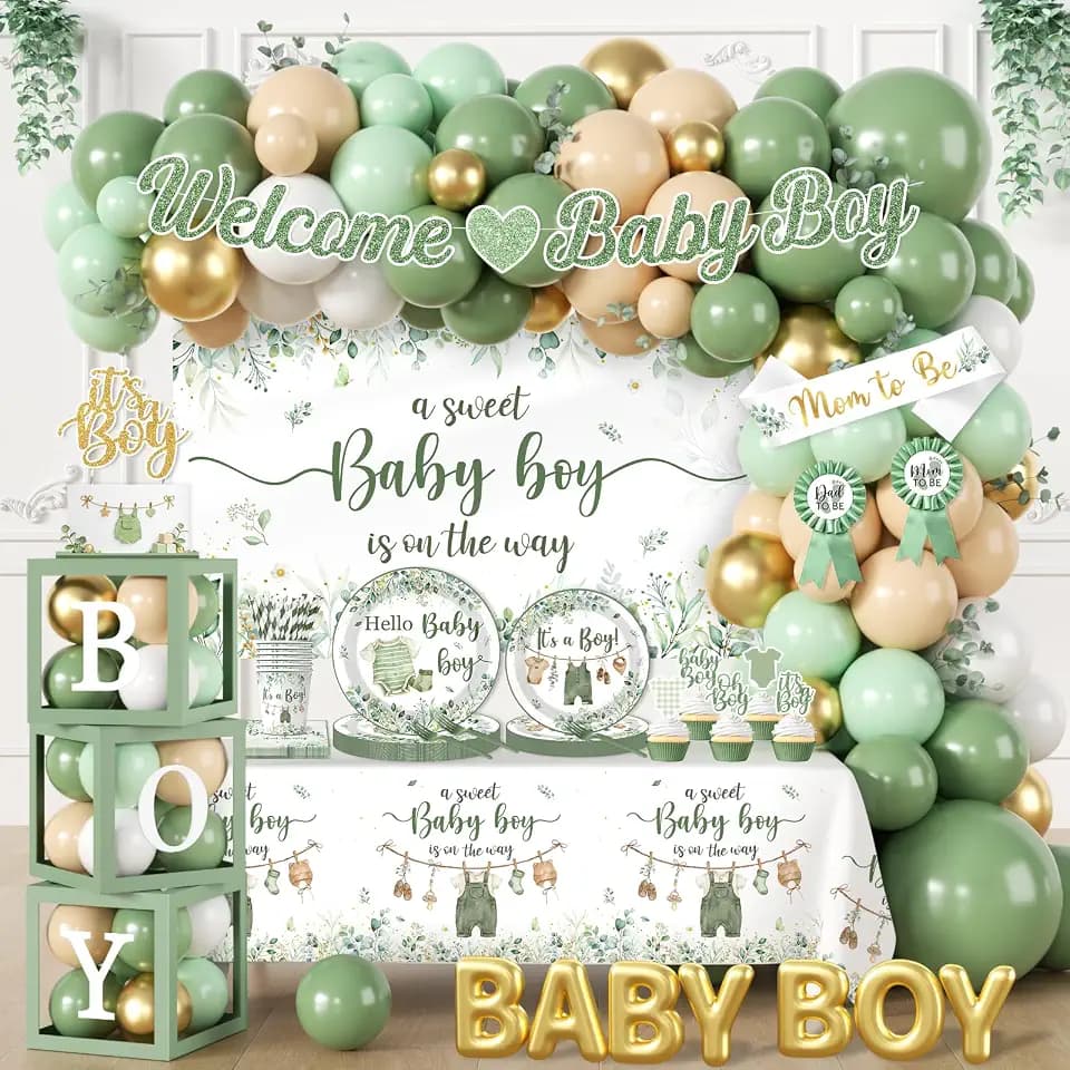 Baby Boy Shower Decorations,267pcs Baby Shower Decorations Green Plates and Napkins Cups Banner Backdrop Tablecloth Cake Topper Balloon for Sweet Baby Boy Baby Shower Decorations