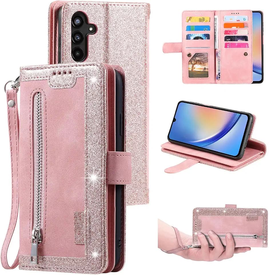 UEEBAI Hülle für Samsung Galaxy A34 5G, Retro Leder Klapphülle, Roségold