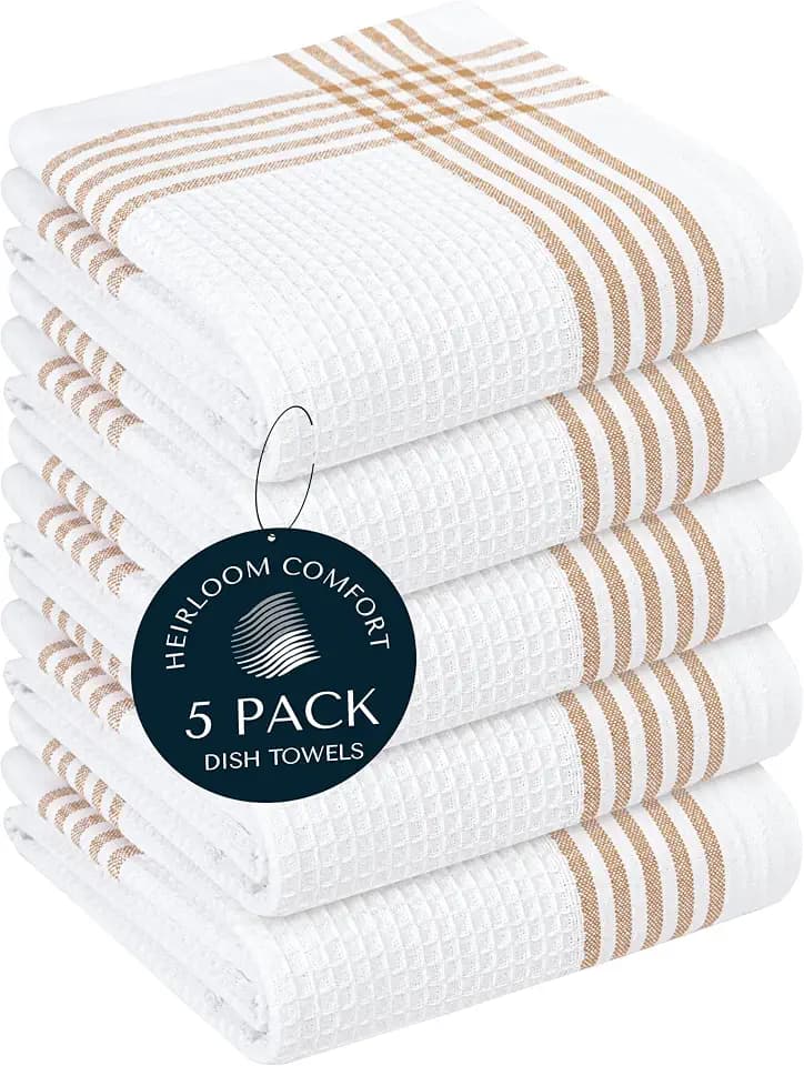 Brown and White Cotton Kitchen Towels 5 Pack, Waffle Weave, 16x26 Inch, Super Absorbent, Reversible, Quick Dry Dishcloths for Drying Dishes, Cleaning, Reusable, Everyday Use