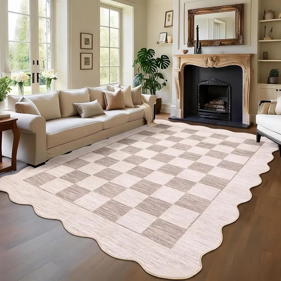 Garvee Washable Rug 4x6 Area Rug Checkered Scalloped Rugs,Beige/Brown