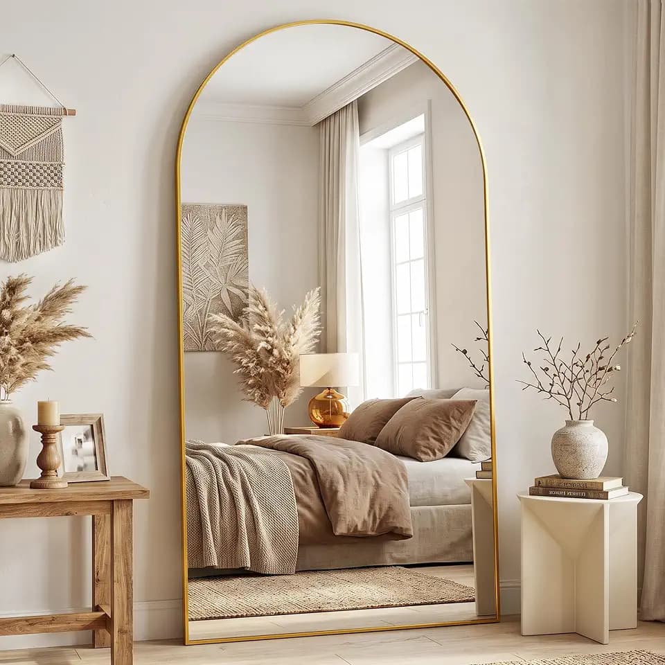 Antok 82" x 44" Arched Full Length Floor Mirror, Aluminum Frame, Gold