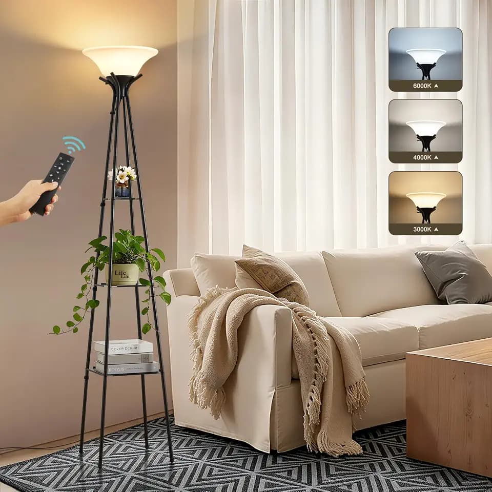 Luvkczc Torchiere Floor Lamp with 3-Tier Shelves with Remote